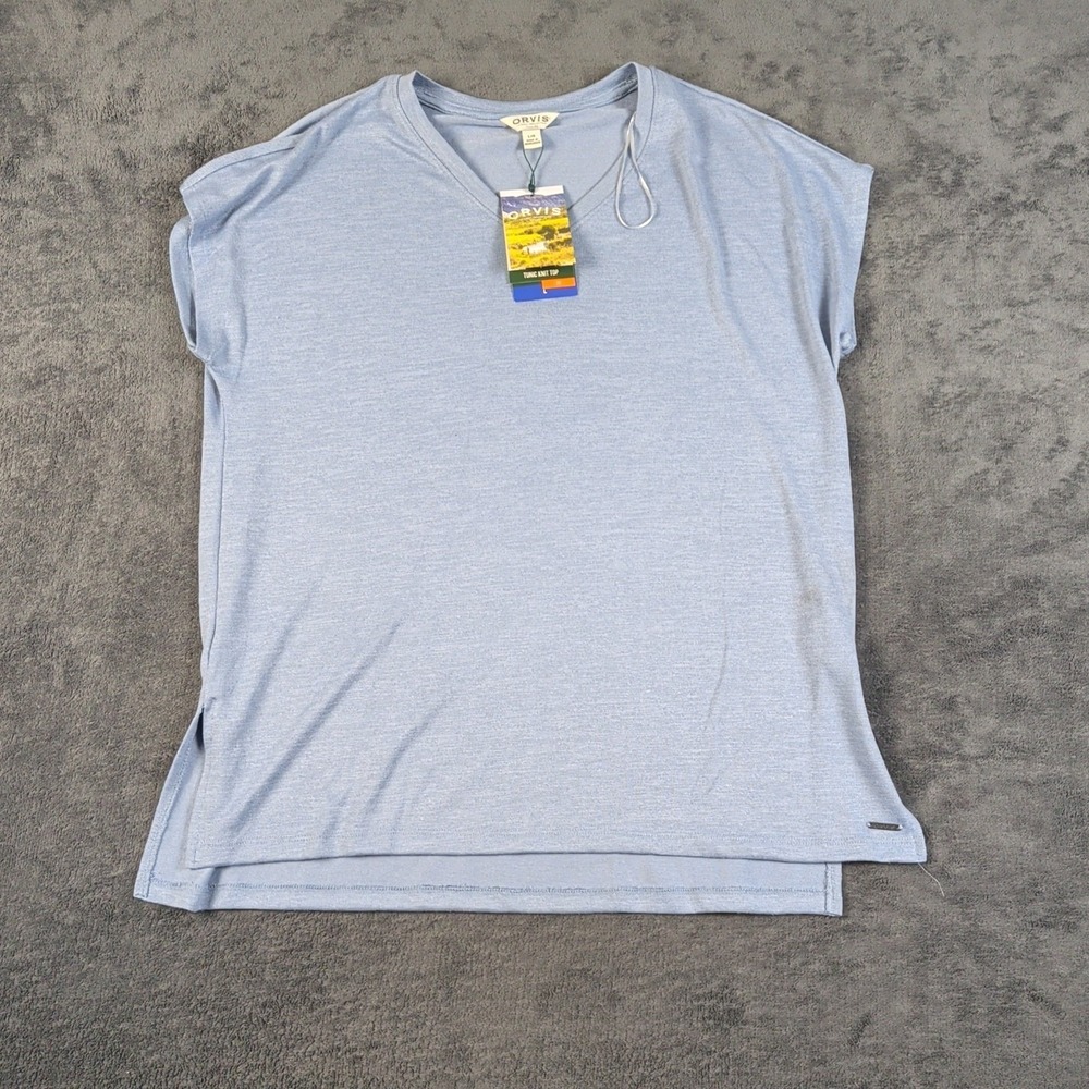Orvis NEW NWT Womens Large Blue Tunic Knit Top V Neck Short Sleeve